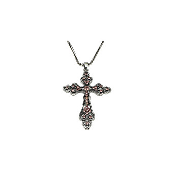 Cross Zinc Alloy Pendant Necklace, with Rhinestone, Light Padparadscha, 27.56 inch(70cm)