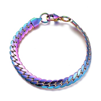 Men's 304 Stainless Steel Cuban Link Chain Bracelets, with Lobster Claw Clasps, Rainbow Color, 7-1/8 inch(18.1cm), 6.3mm