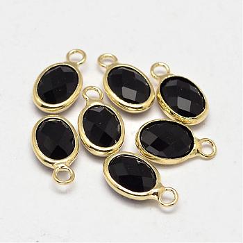 Oval Faceted Golden Tone Brass Glass Charms, Black, 12x7x3.5mm, Hole: 1mm
