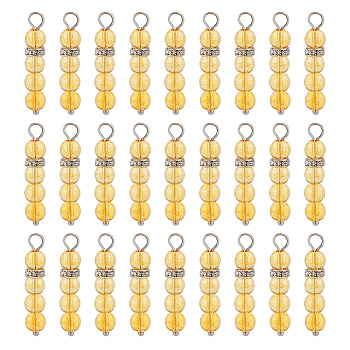 40Pcs Natural Citrine Pendants, Round Charm with Platinum Tone Brass Crystal Rhinestone Spacer Beads, 30~34x6.5mm, Hole: 3.3mm