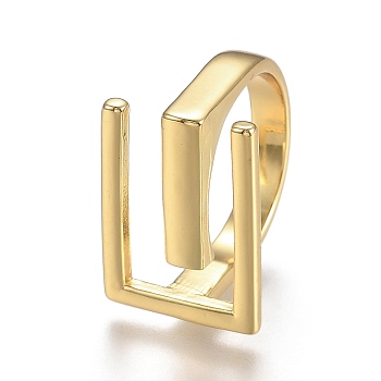 Adjustable Brass Cuff Rings, Open Rings, Long-Lasting Plated, Rectangle, Real 18K Gold Plated, US Size 7(17.3mm)