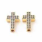 Rack Plating Brass Cubic Zirconia Beads, Cadmium Free & Lead Free, Real 18K Gold Plated, Cross, Steel Blue, 15x9x4mm, Hole: 1.7mm(KK-B051-06G-04)