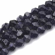 Synthetic Blue Goldstone Beads Strands, Star Cut Round Beads, Faceted, 10x9~10mm, Hole: 1mm, about 36~38pcs/strand, 14.2~14.6 inch(G-S332-10mm-003)