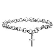 Tarnish Resistant Stainless Steel Cross Charm Bracelet with Rolo Chains for Easter, Stainless Steel Color, 7-7/8 inch(20cm)(EAER-PW0001-190B)