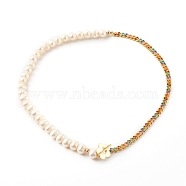 Brass Enamel Curb Chain Necklaces, with Round Natural Pearl Beads and Toggle Clasps, Real 18K Gold Plated, Colorful, 17.12 inch(43.5cm)(NJEW-JN03482-03)