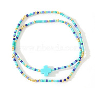 2Pcs Bohemian Glass Seed Beaded Stretch Bracelet Sets, Cross Bracelets for Women, Deep Sky Blue, 6-1/2 inch(16.5cm)(XM0961-4)