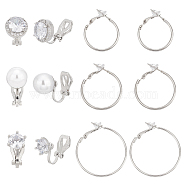 ANATTASOUL 6 Pair 6 Style Brass Clip-on Earrings & Hoop Earrings Sets, Cubic Zirconia Non-piercing Earrings with ABS Plastic Beaded for Women, Platinum, 16.5~21.5x8~11x14.5~20.5mm, 1 Pair/style(EJEW-AN0002-43)