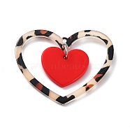 Valentine's Day Opaque Acrylic Pendants, with Iron Jump Rings, Leopard Print Heart, Red, 35x42x2mm, Hole: 1.8mm(OACR-P025-C02)