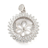 925 Sterling Silver Micro Pave Cubic Zirconia Charms Cabochon Settings, Flat Round, Real Platinum Plated, 22x19x6mm, Hole: 2x3mm, Tray: 12mm, Pin: 4mm(STER-B005-26P)