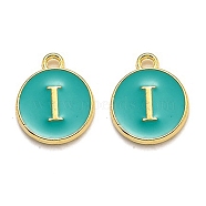 Golden Plated Alloy Enamel Charms, Enamelled Sequins, Flat Round with Alphabet, Letter.I, Green, 14x12x2mm, Hole: 1.5mm(X-ENAM-Q437-15I)