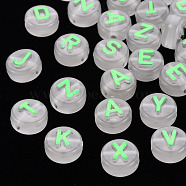 Luminous Acrylic Beads, Horizontal Hole, Flat Round with Random Mixed Letters, Green, 10x6mm, Hole: 2mm, about 1413~1488pcs/471g(LACR-Q003-001C)