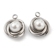 304 Stainless Steel Charms, with White Plastic Imitation Pearl Beads, Vortex, Stainless Steel Color, 14x12x7mm, Hole: 1.6mm(STAS-Z009-07P)