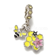 Rack Plating Alloy Rhinestone European Dangle Charms, Bees & Honeycomb Large Hole Charms with Yellow Enamel, Platinum, 29mm, Hole: 5mm(PALLOY-P307-03P)