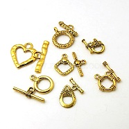 Tibetan Style Toggle Clasps, Mixed Shape, Antique Golden, Toggle: 12~29x9~24x1~4mm, Hole: 1~2mm, Bar: 11~32x5~10x1.5~5mm, hole: 1~4mm.(TIBE-MSMC001-2AG)