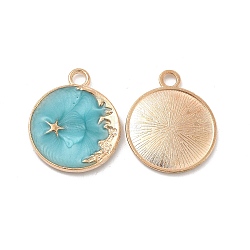 Alloy Enamel Pendants, Flat Round with Star & Moon Charm, Golden, Dark Turquoise, 25x21x2.3mm, Hole: 3mm(ENAM-N054-008F-G)