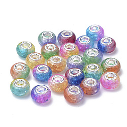Crackle Resin European Beads, Large Hole Beads, with Silver Color Plated Brass Cores, Rondelle, Mixed Color, 14x8.5mm, Hole: 4.5mm(RPDL-S013-01)