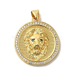 Flat Round with Lion Rack Plating Brass Micro Pave Clear Cubic Zirconia Pendants, Long-Lasting Plated, Lead Free & Cadmium Free, Real 18K Gold Plated, 25x22.5x5.5mm, Hole: 5x4mm(KK-K377-55G)