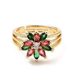 Cubic Zirconia Flower Adjustable Ring, Real 18K Gold Plated Brass Jewelry for Women, Cadmium Free & Lead Free, Colorful, US Size 6 3/4(17.1mm)(RJEW-E046-13G)