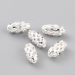 Brass Beads, Long-Lasting Plated, Hollow Out, Rice, 925 Sterling Silver Plated, 8x4mm, Hole: 1.5mm(KK-O133-201A-S)