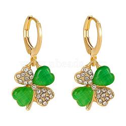 Four Leaf Clover Hoop Earrings Alloy Huggie Hoop Earrings Green Shamrock Hoop Earrings Rhinestone Hoop Earrings St Patrick's Day Ear Jewelry Gift for Women, Golden, 26.9x12.4mm(JE1083A)