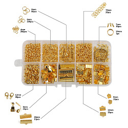DIY Jewelry Tool Sets, with Iron Jump Rings/Extender Chains/Earring Hooks/, Brass Assistant Tool/Lobster Claw Clasps, Alloy End Piece, Golden, Containers: 13x6.8x2.1cm(DIY-YW0001-12G)