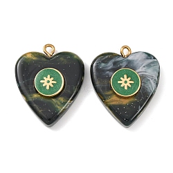 304 Stainless Steel Resin Pendants, Heart with Flat Round Charm,  with Enamel, Golden, Dark Slate Gray, 28x23x6mm, Hole: 2mm(STAS-F352-07A-02)