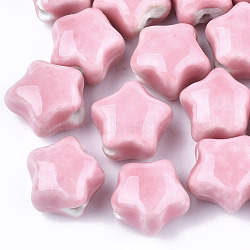 Handmade Porcelain Beads, Bright Glazed Porcelain, Star, Pink, 15~16x15.5~17x12~12.5mm, Hole: 2~2.5mm(PORC-S498-49)