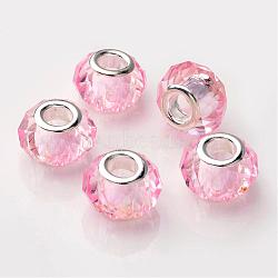 Rondelle Handmade Crystal European Beads Fit Charm Bracelets, Large Hole Beads, Platinum Color Brass Core, Pink, 14x10mm, Hole: 5mm(X-GPDL25Y-29)