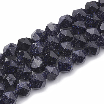 Synthetic Blue Goldstone Beads Strands, Star Cut Round Beads, Faceted, 10x9~10mm, Hole: 1mm, about 36~38pcs/strand, 14.2~14.6 inch
