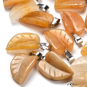 Natural Topaz Jade Pendants, with 201 Stainless Steel Finding, Leaf, 25.5~26x15x7mm, Hole: 4x8mm