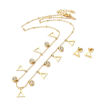 PVD Vacuum Plating 304 Stainless Steel Stud Earring and Pendant Necklace Set, Jewelry Set for Women, Golden, Triangle Pattern, 440mm, 7.5x8.5mm, Pin: 0.6mm