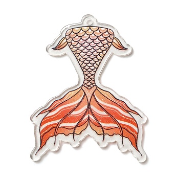 Printed Transparent Acrylic Pendants, Mermaid Tails, Orange Red, 56x45x2mm, Hole: 2mm
