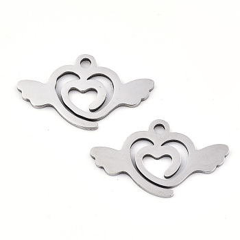 201 Stainless Steel Charms, Laser Cut, Flying Heart, Stainless Steel Color, 12.5x21x0.9mm, Hole: 1.6mm