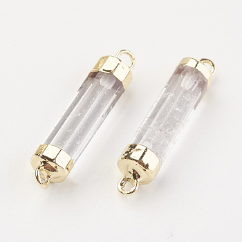 Natural Quartz Crystal Links Connectorsts, Rock Crystal, with Brass Findings, Column, 25~27x5~6mm, Hole: 2mm