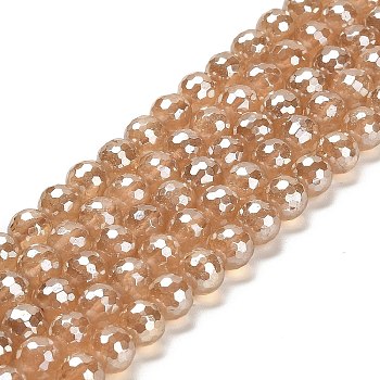 Electroplated Natural Quartz Round Beads Strands, Dyed & Heated, Faceted(128 Facets), Champagne Gold, 8mm, Hole: 1.2mm, about 46pcs/strand, 14.96 inch(38cm)