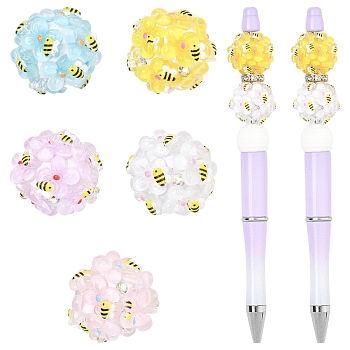 5Pcs 5 Colors Handmade Polymer Clay Beads, Round with Flower & Bee, Mixed Color, 20x19.5x20.5mm, Hole: 2mm, 1pc/color 