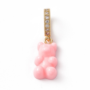 Opaque Resin Pendants, with Golden Tone Brass Crystal Rhinestone Findings, Bear, Pink, 34mm, Bear: 19.5x10.5x6.5mm, Hole: 9.5x6mm