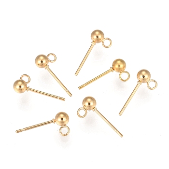 202 Stainless Steel Ball Stud Earring Findings, with 304 Stainless Steel Pins and Loop, Round, Water Plating, Real 18K Gold Plated, 2mm, Pin: 0.8mm