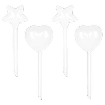 Glass Watering Spikes, Plants Flowers Irrigation Tool, for Indoor & Outdoor Plants, Heart with Star, Clear, 224~239x80~90x32.5~47mm, 4pcs/set
