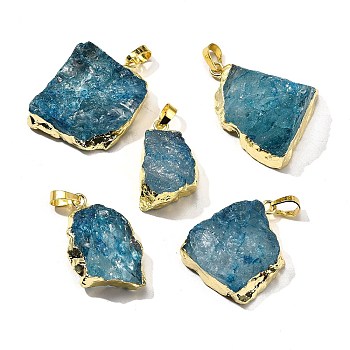 Raw Rough Natural Dyed Quartz Crystal Pendants, Nuggets Charms, with Brass Findings, Light Gold, Steel Blue, 21~45x18~39x8~19mm, Hole: 7x4.5mm