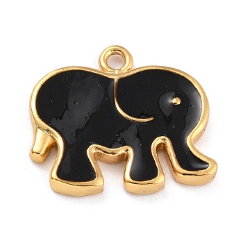 Golden Brass Enamel Pendants, Long-Lasting Plated, Elephant, Black, 16x17.5x2mm, Hole: 1.6mm