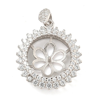 925 Sterling Silver Micro Pave Cubic Zirconia Charms Cabochon Settings, Flat Round, Real Platinum Plated, 22x19x6mm, Hole: 2x3mm, Tray: 12mm, Pin: 4mm