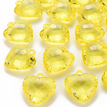 Transparent Acrylic Pendants, Faceted, Heart, Yellow, 31.5x29x12.5mm, Hole: 4mm, about 90pcs/500g
