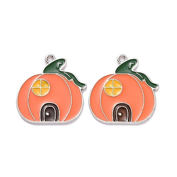 Autumn Theme Alloy Enamel Pendant, Pumpkin House, Platinum, 20.5x20x1mm, Hole: 1.4mm