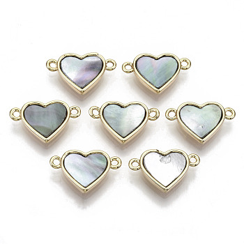 Brass Links Connectors, with Black Lip Shell, Nickel Free, Real 18k Gold Plated, Heart, 10x17x3mm, Hole: 1.2mm