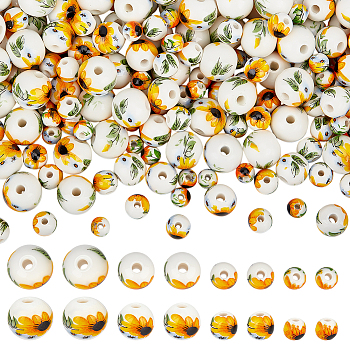 200Pcs 4 Styles Floral Printed Porcelain Beads, Flower Patterned Ceramic Round Beads with Sunflower Pattern, White, 6~12mm, Hole: 1.6~2mm, 50pcs/style