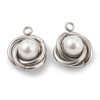 304 Stainless Steel Charms, with White Plastic Imitation Pearl Beads, Vortex, Stainless Steel Color, 14x12x7mm, Hole: 1.6mm