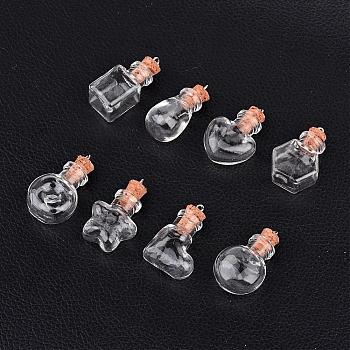 Mixed Shapes Glass Bottle Pendants, with Platinum Tone Iron Findings, Clear, 31~33x15~26x11~15mm, Hole: 2mm, Bottle Capacity: 1~10ml(0.03~0.33 fl. oz)