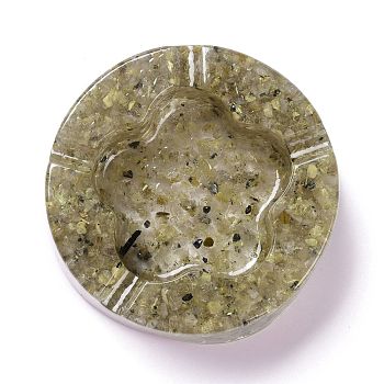 Resin with Natural Rutilated Quartz Chip Stones Ashtray, Home OFFice Tabletop Decoration, Flat Round with Flower, 104x32mm, Inner Diameter: 61x68mm