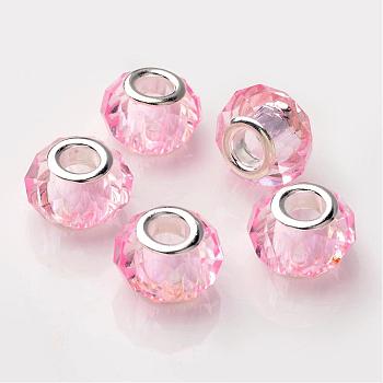 Rondelle Handmade Crystal European Beads Fit Charm Bracelets, Large Hole Beads, Platinum Color Brass Core, Pink, 14x10mm, Hole: 5mm